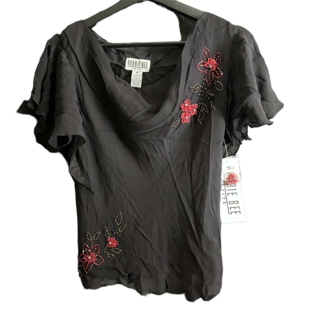 Vintage Y2K Robbie Bee Silk Beaded and Embroidered Floral Top Blouse